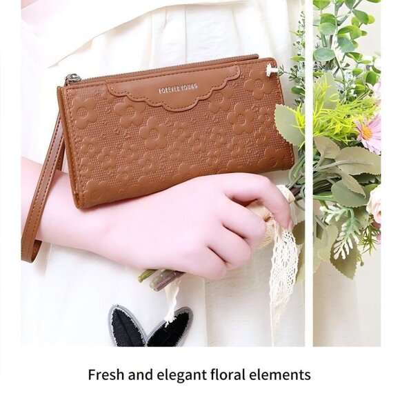 Women's Leather Wallet, Large Capacity Clutch with Phone Holder, Floral Embossed - Picture 2 of 8